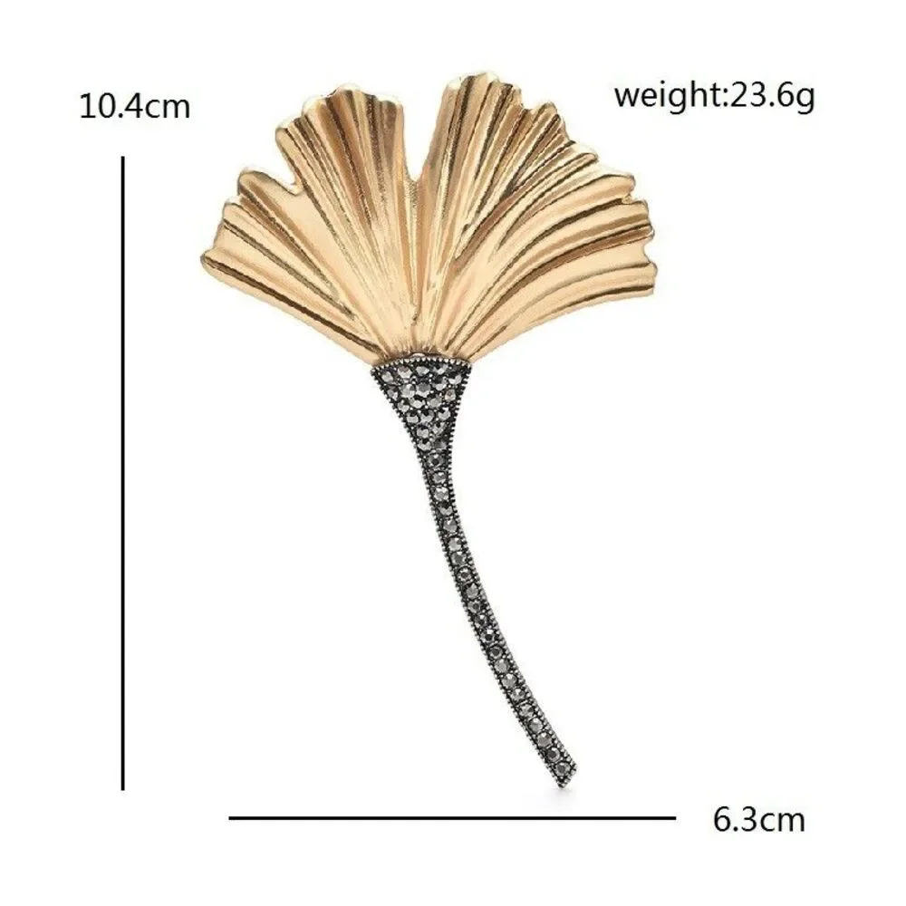 Vintage Style Gold Ginkgo Leaf Brooch Pin Dark Black Crystal Long Stem - Picture 2 of 3